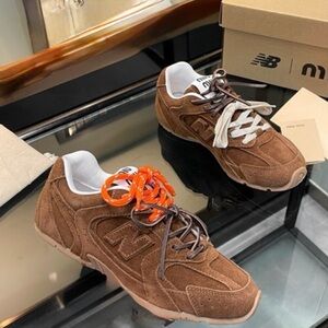 Miu Miu Brown Suede Sneakers with Orange Laces